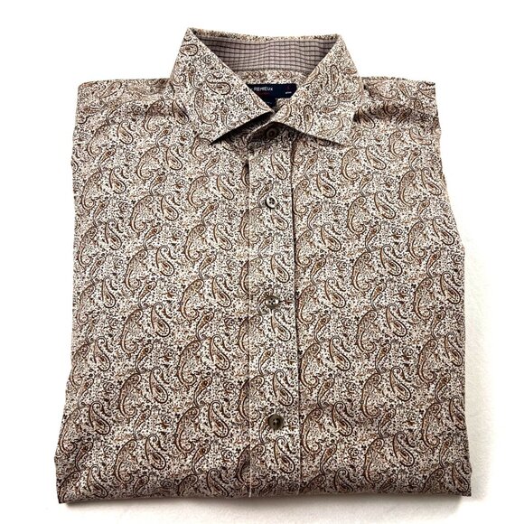 Cremieux Classics Mens Paisley Long Sleeve Button-Up Large Shirt Brown Flip Cuff - Picture 1 of 10